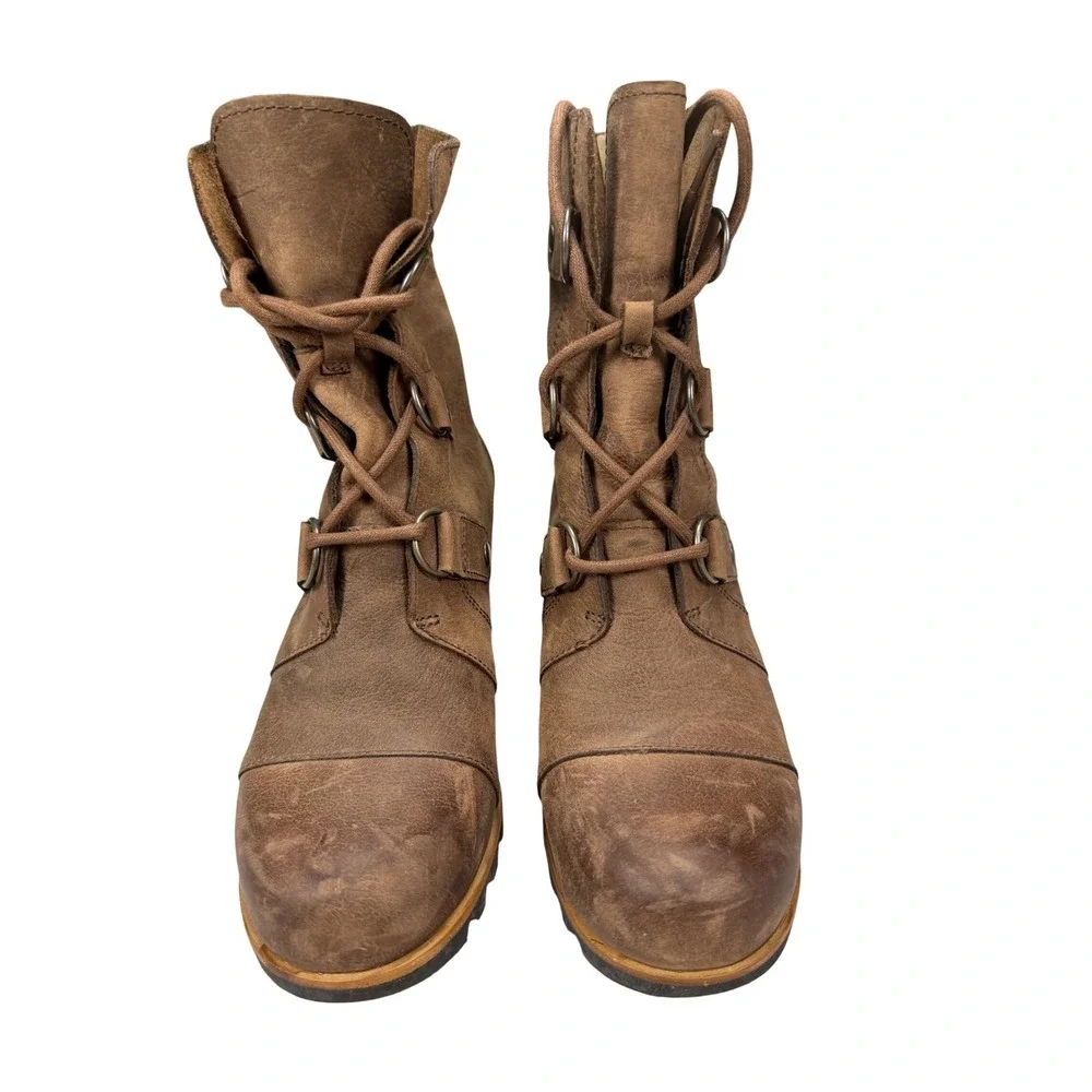 Sorel‎ Joan of Arctic Wedge II Brown Leather Lace Up Ankle Boots Womens 8 NL2305
